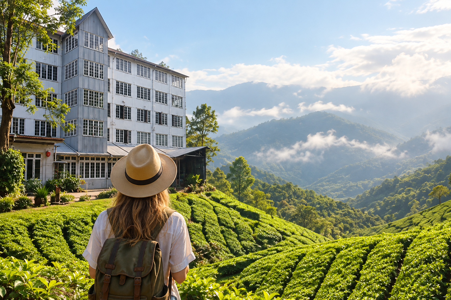 Foreign traveler looking across lush tea plantations toward a tea factory in Nuwara Eliya, Sri Lanka.